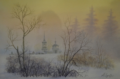 Картина "Вид на деревню". Акварель. Автор Седов Анатолий. 1990 г.