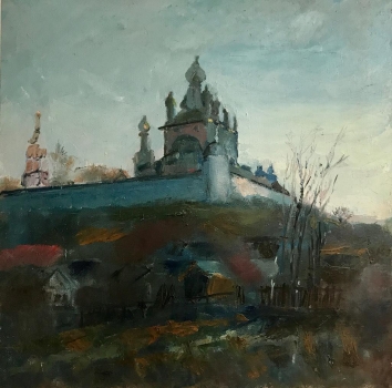 Картина "Церковь на холме". Автор неизвестен. Холст, масло. 