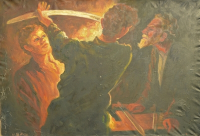 Картина "Изготовление булатного клинка", Златоуст, 1937 г. Автор неизвестен. СССР.