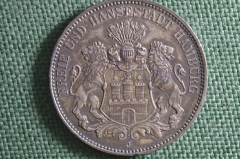 Монета 3 марки, Гамбург. Серебро, буква J. Hamburg, Германия, 1914 год. Патина.