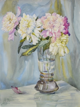 Картина "Пионы в стеклянной вазе", акварель. Автор - Шавлов А.Ф., 1993г.