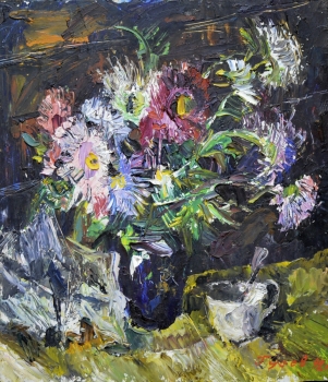 Картина «Ваза с цветами». Автор Гусев Петр. Картон,масло. 1992 г.