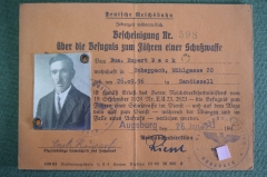 Удостоверение документ "Разрешение лицензия на оружие". Рейхсбан. 3-й Рейх. Германия. 1943 год.