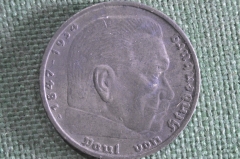 Монета 5 марок, рейхсмарок 1936 года. Гинденбург, Рейх. Серебро, A. Reichsmark, Deutsches Reich. 