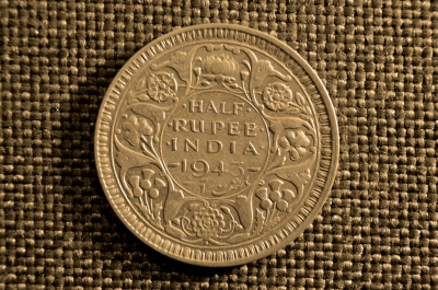 ½ рупии, Король Георг VI, Серебро, Индия (Британская), 1943 года