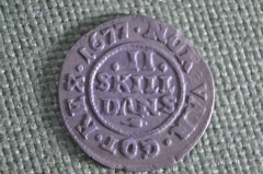 Монета 2 скиллинга 1677 год. Серебро. Дания. XF.