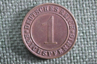 Монета 1 рейхспфенниг, пфенниг 1933 года. Буква A. Веймар, Германия. Deutsches Reich.