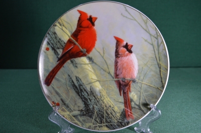  Тарелка фарфоровая, настенная "Красный и розовый кардинал". Компания "Rosenberg". Германия. 