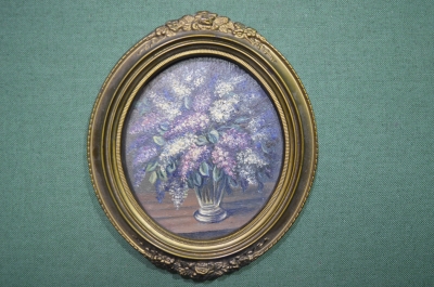 Картина в раме "Цветы в вазе". Автор неизвестен. Картон, масло, СССР