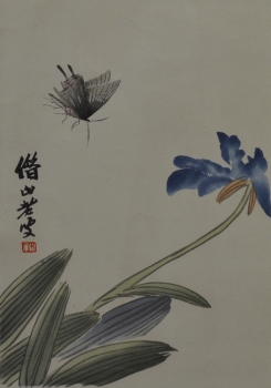 Картина Ци Байши - "Орхидея и бабочка", ксилография, Китай, 1950-е годы.