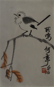 Картина Ци Бай Ши, "О чем кричит (птица)". Ксилография. Китай, 1950-е годы