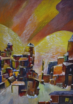 Абстракционизм, кубизм картина "Закат". Неизвестный художник, 1992 г. Масло, картон.