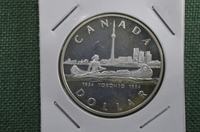 1 доллар, Канада. 150-летие Торонто. Каноэ. Елизавета II. Серебро, 1984 год. Proof
