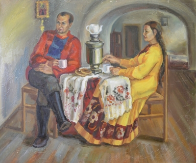 Картина большого размера "Чаепитие". Автор неизвестен. Холст, масло.  СССР.
