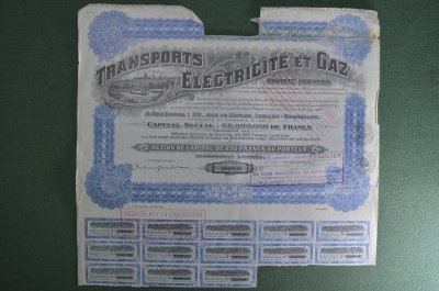 Транспорт и электричество. (Transports Electricite et Gaz). Акция на 250 франков. Бельгия, 1929 год.