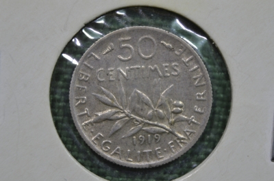 50 сантимов 1919 года, серебро. Франция. 