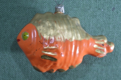 Елочная игрушка "Рыба", оранжево-золотистая, толстое стекло. СССР.