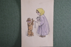 Старинная открытка "Дрессировка собачки". Подписанная, с маркой. Начало XX века.