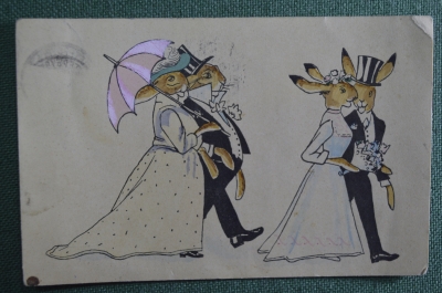 Старинная открытка "Кроличьи пары". Подписанная. Начало XX века, Европа.