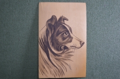 Старинная открытка на дереве "Собака". Шпон, подписанная, с маркой. Начало XX века.