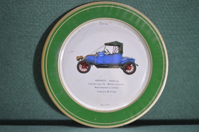 Винтажная тарелка с изображениям автомобиля Renault 1914 года. Рекламный подарок от Рено. Франция.