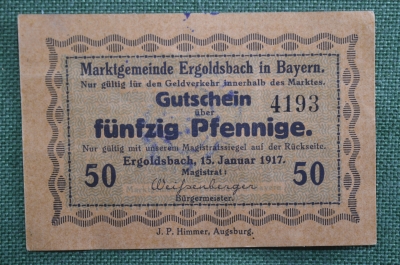 Нотгельд города Эргольдсбах, 50 пфеннигов. Ergoldsbach, Бавария, Германия. 15 января 1917 года.