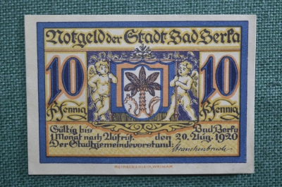 Нотгельд города Бад-Берка, 10 пфеннигов. Bad Berka), Тюрингия, Германия. 20 августа 1920 года.