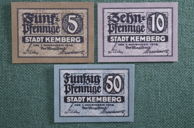Нотгельды города Кемберг (3 штуки). Kemberg, Саксония-Анхальт, Германия. 1 ноября 1918 года.