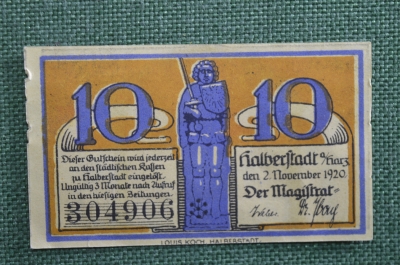 Нотгельд Хальберштадт, 10 пфеннигов. Halberstadt. Саксония-Анхальт, Германия, 2 ноября 1920 года.