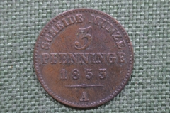 3 пфеннинга 1853 года. Пруссия, Германия. Буква А. 120 einen thaler.