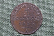 Монета 3 пфеннинга 1853 года. Пруссия, Германия. Буква А. 120 einen thaler. Монета 3 пфеннинга 1853 года. Пруссия, Германия. Буква А. 120 einen thaler.