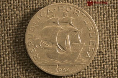 Монета 5 эскудо. Republica Portuguesa. Корабль, парусник. Серебро. Португалия, 1932 год. 
