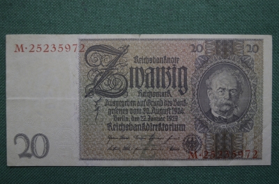 Банкнота 20 рейхсмарок 1929 года, Германия, Веймарская республика. Эрнст Вернер фон Сименс.