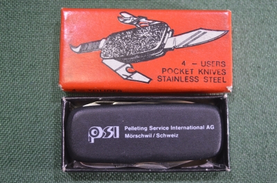 Нож раскладной перочинный "Taschenmesser". В футляре. 4 предмета. Швейцария. СССР. .