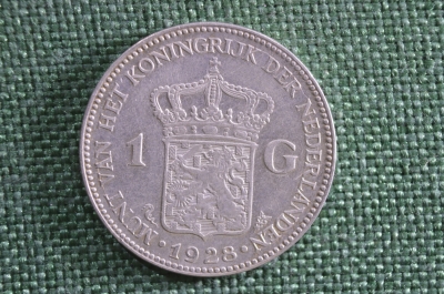  Монета 1 гульден 1928 года, Нидерданды, Вильгельмина. 1 G, Nederland. Серебро. 