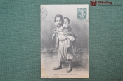 Колониальная открытка фотография. Девочка с братиком. Алжир. 