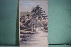 Картина старинная на ткани "Китайский пейзаж" #3. Ткань, краска. Китай.