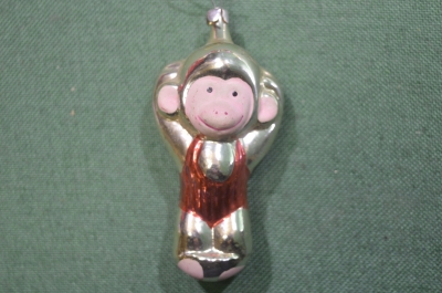 Елочная стеклянная игрушка "Обезьяна, обезьянка, мартышка" #2. Стекло, подвес. СССР.