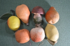 Елочные игрушки из пенопласта, большие "Овощи, фрукты, грибы" (Набор, 7 штук). Пенопласт, СССР.