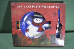 Тарелка и лопатка набор для торта "Снеговик". Фарфор. В коробке. Китай.