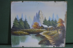 Картина "Вид на горы". Оргалит, масло. Автор неизвестен.