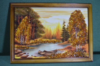 Настенное панно картина "Пейзаж. Горная река". Янтарь.