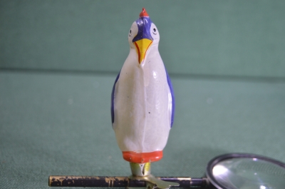 Игрушка елочная стеклянная "Пингвин, пингвиненок". Стекло, прищепка. #2. СССР.