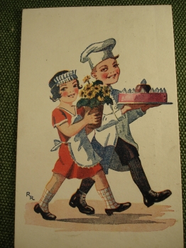 Открытка "Поздравляем с праздником. Дети с подарками". Австрия, 1935 год.