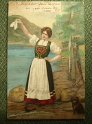 Открытка "Девушка в национальном костюме машет платочком". Болгария, 1906 год.