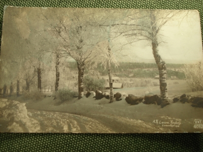 Открытка "Зима. Поворот дороги с видом на деревню". Larasen Tunsberg. VAT, N 4082. 