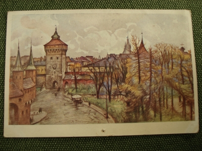 Открытка "Бульвар и флоранские ворота". Trzebinski. Краков, Польша. Чистая.