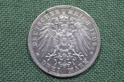 Монета 3 марки 1909 года, Фридрих II. Серебро. Баден, Германская Империя.