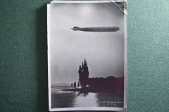 Открытка старинная "Пролет цеппелина над озером". Дирижабль, цеппелин. Лозанна, 1934 год.
