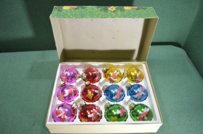 Набор елочных игрушек "Шары шарики колокольчики". 12 штук. В Коробке. Германия. ГДР времен СССР. #U